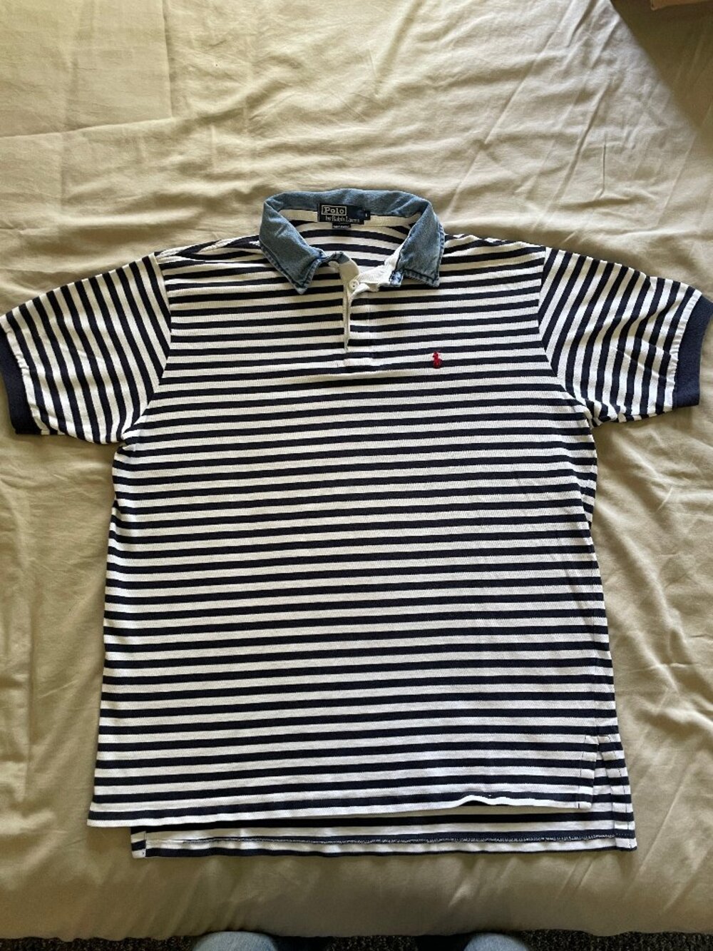 Vintage Polo Ralph Lauren Denim Collar Shirt L Striped Short Sleeve Made in USA
